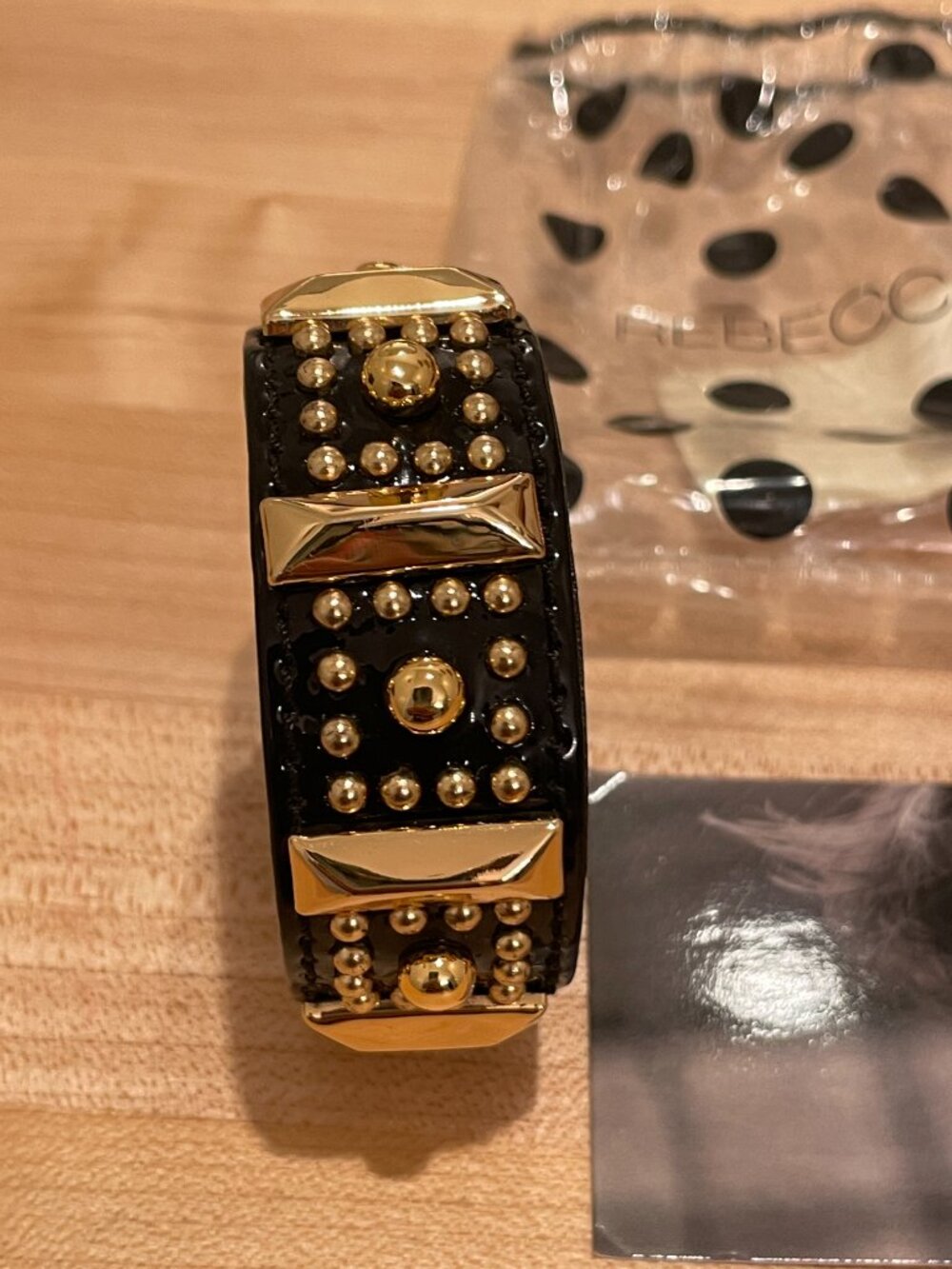 NWT Rebecca Minkoff Black Patent Gold Flowerstud Leather Cuff Bracelet